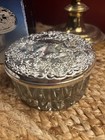 Vtg Godinger Vanity Powder Jar Round Glass Silver Plated Mirror Lid Trinket Box