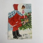 Vintage Mid Century Christmas Greeting Card Cute Girl With Candy Cane Bird