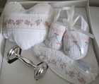 Baby Girl Gift Set New In Box Bib  Booties  Heart Musical Pillow   Silver Rattle