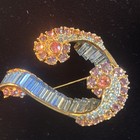 Abstract Vintage Unusual Brooch Blue And Pink Glass Gems Gold Plated 