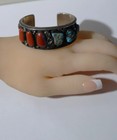 Vintage Navajo Sterling Silver Coral Turquoise Heavy Cuff Bracelet Signed Mc 74g