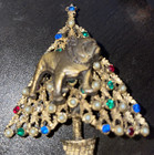 Vtg Mack Truck Bulldog Christmas Tree Brooch Multicolor Stones  pearls Gold Tone