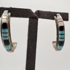 Sterling Silver Native Nastacio Turquoise Inlay Hoop Earrings 1 10in 5 08g