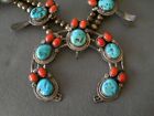 Old Native American Turquoise Coral Cluster Sterl Silver Squash Blossom Necklace