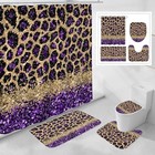 4 Pcs Leopard Print Shower Curtain Set With Non-slip Rugs  Toilet Lid Purple