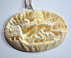 Vintage Chinese Oval Carved Pendant On 18  Italian Sterling Silver Figaro Chain
