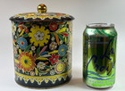Vintage Floral Metal Canister Black Toleware Style Storage Tin With Lid Handle