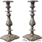 Pair Antique Victorian Silver Plate Rococo Candlesticks Ornate Floral Scroll