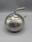 Vintage Banika Indonesia Hammered Tin Apple Sugar Bowl With Leaf Lid And Spoon