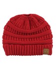 Beanietail Soft Stretch Cable Knit Messy High Bun Ponytail Beanie Hat  red 