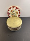 Vintage England Lidded Tin Container Maroon Burgundy Floral Gold Accents 