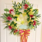 Spring Wreath Hello Spring Door Hanger Yellow Pink Floral Mesh Ribbon Handmade