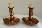 Antique Hand Hammered Solid Copper Chamberstick Candle Holders Pair Finger Loop