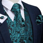 Mens Paisley Silk Vest Tie Pocket Square Cufflinks Set For Wedding Party Formal