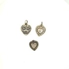 Three Set Of Antique Sterling Repousse Carved Ornate Hearts With Garnet Pendants