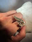 Lg Vintage Art Nouveau Gold Leaf Rhinestone Cocktail Ring Adjustable Goldtone