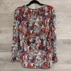 Woman s Floral Print Blouse Long Sleeve Key Hole Tie Neck Red Blue White Size Xl
