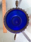 19th C French Antique Cobalt Blue Painted Glass Vase France W Gilt Handles