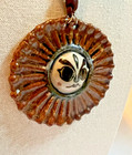 Vintage Mexican Sun Face Pendant Necklace Signed Ceramic Folk Art Cord