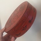 Antique Asian Red Lacquer Round Box Decorated With A Court Scene