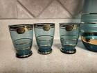 Bohemian Glass Vintage Blue Green Glass W  Gold Ringed Decanter Set 6 Glasses