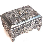 Vintage Metal Hinged Lid Jewelry Casket Embossed Roses Black Velvet Lining Euc