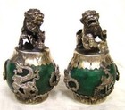 Tibet Silver Old Jade Carving Figures Dragon Phoenix Lion Foo Dog Statue