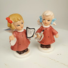 Rare Pair Vintage 1950s  Japan Ceramic Musician Angel Girls In Red Harp Trumpet