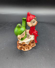 Two Playful Pixie Elves Vtg Ceramic Christmas Sitting On Tree Stump