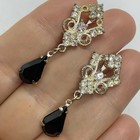 Vtg Art Deco Rhinestone Earrings Black Teardrop Clear Filigree Dangle Post