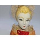 Vintage Porcelain Half Doll Pin Cushion Lace Headdress Orange Satin Base Antique