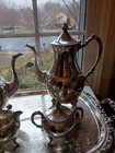 Ornate Silverplate On Copper Tea Set W  Handled Crescent Tray
