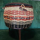 Vtg Mid-century Woven Sewing Basket On Legs Red Satin Lining Embroidered 