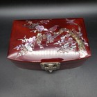 Vintage Korean Lacquer Jewelry Box Red Mop Inlay Birds Velvet Interior 1950s