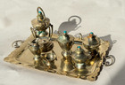 Vintage Mexican Alpaca Silver Mini Tea Set 8-piece W  Turquoise Knobs   Tray