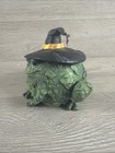 Green Frog Figurine Statue Wearing Black Witch Hat With Star Charm