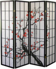 Roundhill Furniture Black Japanese 4-panel Screen Room Divider  Plum Blossom
