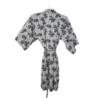 Vtg Japanese Yukata Belted Robe Cotton Blue White Bamboo Print Japan 44  Chest