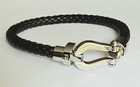 Black Braided Leather Bracelet Silver Tone Horseshoe Shackle Clasp  Fred  19cm 