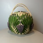 Extra Large Handmade Woven Basket Grapes Crewel Embroidered With Lid Vintage