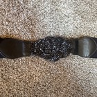 Women   s Wide Black Elastic Waist Belt Snap Closure Beaded Accent