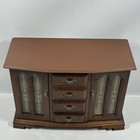 Vintage Wood Jewelry Box Brown Glass Doors Floral Yellow Lined Necklace Drawers