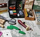 Vintage Sewing Lot Junk Drawer Netherland Castle Tin Bakelite Kits Thread Notion