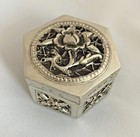 Antique Asian Silver Hexagon Trinket Pill Box Hinged Filagree Rose Signed 2 