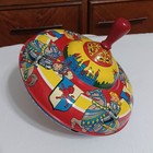 Larger 9  Vintage Ohio Art Lithographed Tin Top W girl Knights  Excellent