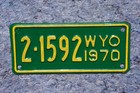 1970 Wyoming Motorcycle License Plate Yellow   Green