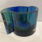 Vintage Unique Art Glass Bowl Vase Cobalt Blue Green Mid Century Modern Design