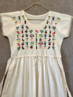 Vtg Mexican Dress   Hand Embroidered Fruits Cactus Womens Sz Large Tie Back Lace