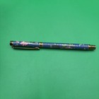 Vintage Cloisonne Click Ballpoint Pen Blue Floral Gold Trim Metal Brocade Box