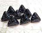 8 Tiny Vtg Triangle Diminutive Black Glass Buttons W  Blue Flowers   Under 3 8 